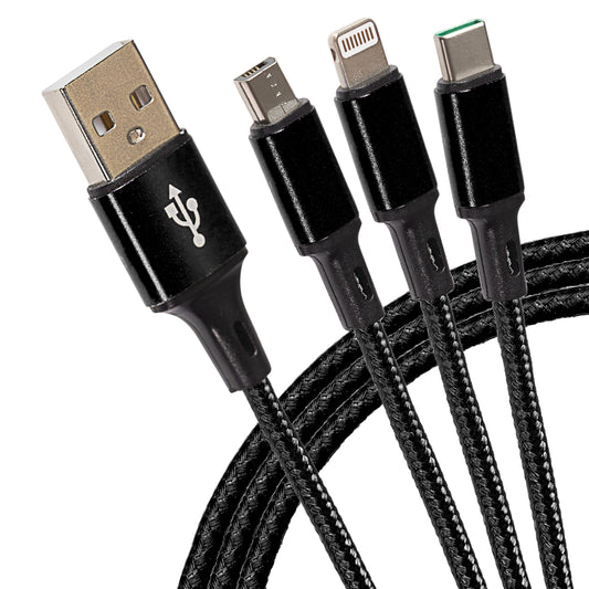 Maplin USB-A to 3-in-1 Multi-Charging USB-C / Lightning / Micro USB Braided Cable - 1.2m