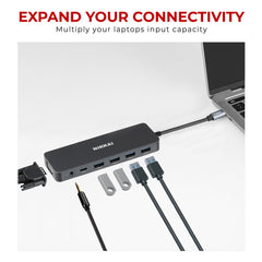 Nikkai USB-C Multiport Hub to 2x USB-C / 4x USB-A / 2x HDMI / Gigabit RJ45 / VGA / SD / Aux - Silver