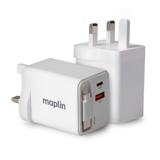 Maplin 65W 2-Port GaN Fast USB Wall Charger with USB-C PD, USB-A QC 3.0 & Retractable USB-C Cable