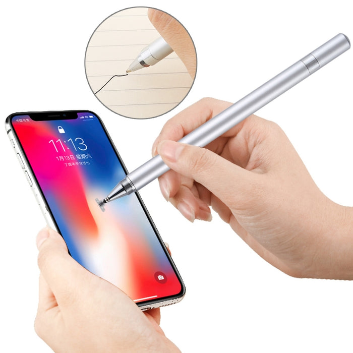 2 in 1 Stationery Writing Tools Metal Ballpoint Pen Capacitive Touch Screen Stylus Pen for Phones, Tablets (Silver)