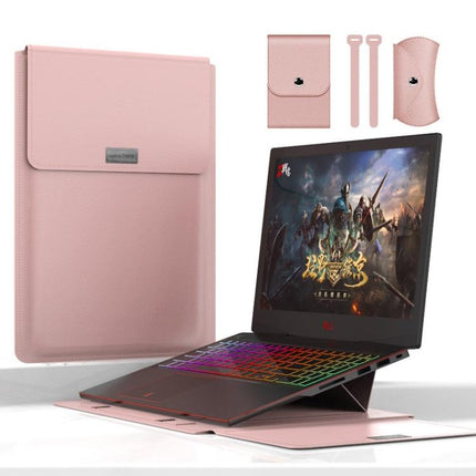 4 in 1 Universal Waterproof PU Leather Laptop Liner Bag with Handle & Stand & Pen Holder + 2 Winders + Mouse Bag + Charger Bag Set for 15 inch Laptops, 15 inch