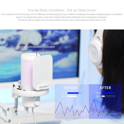 FEELWORLD VM1 USB Condenser Gaming Microphone for Streaming Noise Cancellation Mute RGB Light Boom Arm Stand
