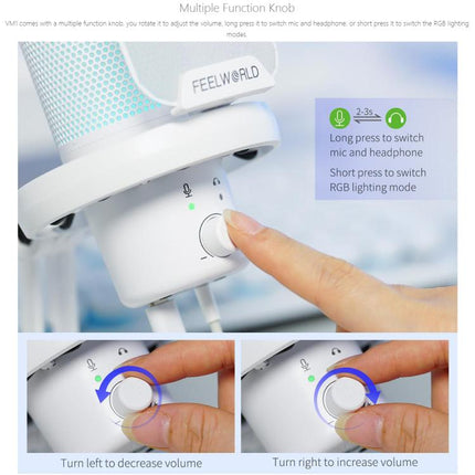 FEELWORLD VM1 USB Condenser Gaming Microphone for Streaming Noise Cancellation Mute RGB Light Boom Arm Stand