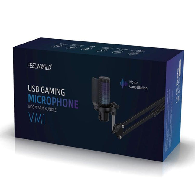 FEELWORLD VM1 USB Condenser Gaming Microphone for Streaming Noise Cancellation Mute RGB Light Boom Arm Stand