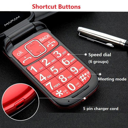 Mafam F899 Flip Phone, 2.4 inch, 32MB+32MB, Support FM, SOS, GSM, Family Number, Big Keys, Dual SIM, EU Plug, EU Plug