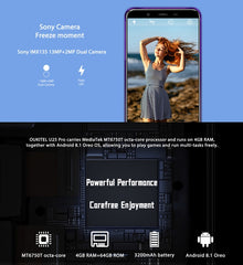 Dual Back Cameras, Fingerprint Identification, 5.5 inch Android 8.1 MTK6750T Octa Core up to 1.5GHz, Network: 4G, Dual SIM, OTG, OTA