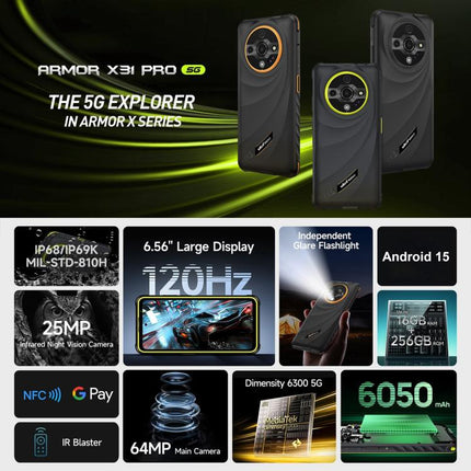 Ulefone Armor X31 Pro 5G, 8GB+256GB, Night Vision, IP68/IP69K Rugged Phone, 6.56 inch Android 14 MediaTek Dimensity 6300 Octa Core, Network: 5G, NFC, OTG, Armor X31 Pro