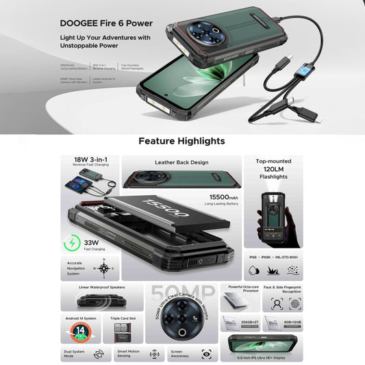 DOOGEE Fire 6 Power Rugged Phone, 8GB+256GB, 6.56 inch Android 14 Spreadtrum T606 Octa Core, Network: 4G, OTG, NFC