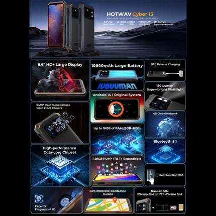 HOTWAV CYBER 13, IP68/IP69K Rugged Phone, 8GB+128GB, 10800mAh, 6.6 inch Android 14.0 Unisoc T606 Octa Core, Network: 4G, NFC, OTG