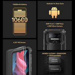 Oukitel WP23 Plus Rugged Phone, 8GB+256GB, 6.52 inch Android 14.0Unisoc T606 Octa-core, NFC, OTG, Network: 4G, WP23 Plus