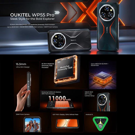 Oukitel WP55 Pro 5G Rugged Phone, 16GB+512GB, 108MP Camera, Fingerprint Identification, 6.6 inch Android 15 MediaTek Dimensity 7025 Octa Core, NFC, OTG, Network: 5G, WP55 Pro