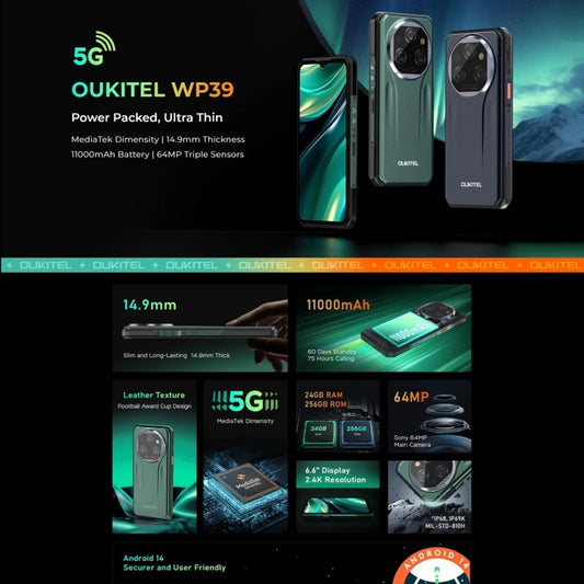 Oukitel WP39 Pro 5G Rugged Phone, 6GB+256GB, Night Vision, Fingerprint Identification, 6.6 inch MediaTek Dimensity 6100+ Octa Core, NFC, OTG, Network: 5G