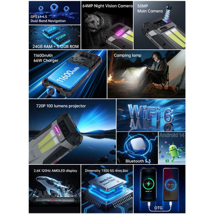 Unihertz 8849 Tank 4 Night Vision Projector Rugged Phone, 12GB+512GB, 6.78 inch Android 14 Dimensity 7300 MT6878 Octa Core, Network: 5G, NFC, Tank 4 12GB+512GB