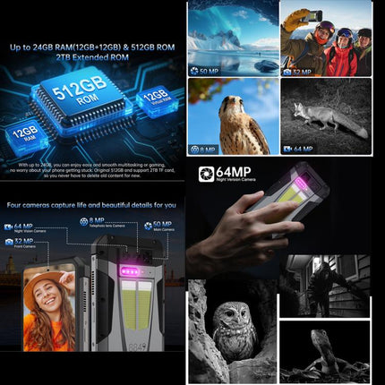 Unihertz 8849 Tank 4 Night Vision Projector Rugged Phone, 12GB+512GB, 6.78 inch Android 14 Dimensity 7300 MT6878 Octa Core, Network: 5G, NFC