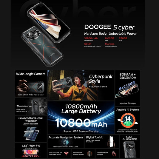 DOOGEE S Cyber, 8GB+256GB, 6.56 inch Android 14 Spreadtrum T606 Octa Core, Network: 4G, OTG, NFC, S Cyber, 8GB+256GB