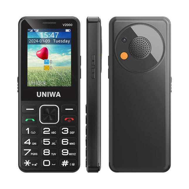 UNIWA V2000 Elder Keypad Phone, 2.4 inch Unisoc T107, 1700mAh Battery, LED Flashlight, SOS, Network: 4G, EU Plug