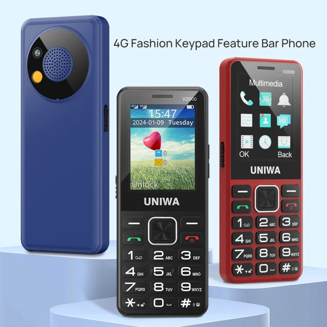 UNIWA V2000 Elder Keypad Phone, 2.4 inch Unisoc T107, 1700mAh Battery, LED Flashlight, SOS, Network: 4G, EU Plug