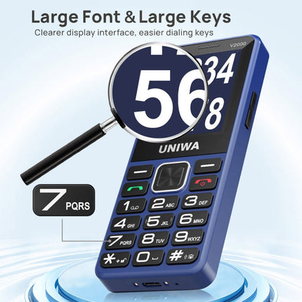 UNIWA V2000 Elder Keypad Phone, 2.4 inch Unisoc T107, 1700mAh Battery, LED Flashlight, SOS, Network: 4G, EU Plug