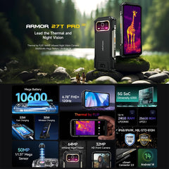 Ulefone Armor 27T Pro Rugged Phone, Thermal Imaging, 12GB+256GB, Night Vision, 10600mAh, 6.78 inch Android 14 MediaTek Dimensity 6300 Octa Core, Network: 5G, NFC, Armor 27T Pro