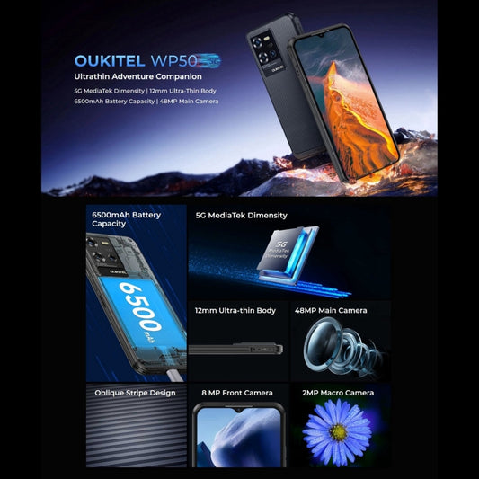 Oukitel WP50 5G Rugged Phone, 4GB+256GB, 6.6 inch Android 14.0 MediaTek Dimensity 6100+ Octa-core 3.0GHz, NFC, OTG, Network: 5G