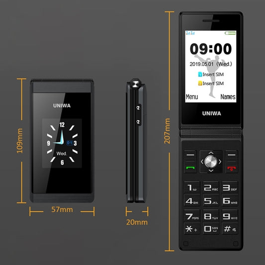 2.8 inch + 1.77 inch, MT6261D, Support Bluetooth, FM, SOS, GSM, Dual SIM