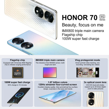 Triple Back Cameras, Screen Fingerprint Identification, 6.78 inch Magic UI 6.1 Dimensity 9000 Octa Core up to 3.05GHz, Network: 5G, OTG, NFC, Not Support Google Play, Honor 70 Pro+ 5G 8GB+256GB