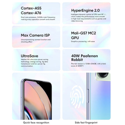 Dual Back Cameras, Side Fingerprint Identification, 5000mAh Battery, 6.58 inch Realme UI 3.0 / Android 12 MediaTek Dimensity 810 Octa Core up to 2.4GHz, Network: 5G, Support Google Play