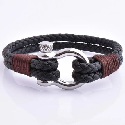 Men's Black Braided Leather Stainless Steel Screw Shackle Bracelet