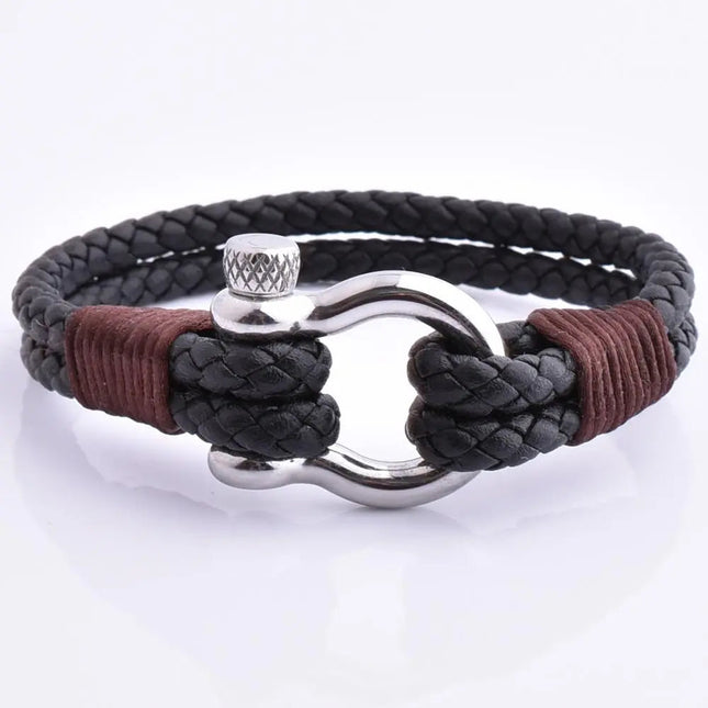 Men's Black Braided Leather Stainless Steel Screw Shackle Bracelet