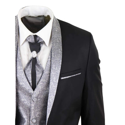 Sal-Yaica - Men's 4 Piece Wedding Suit Groom Shawl Collar Black Silver Cravat