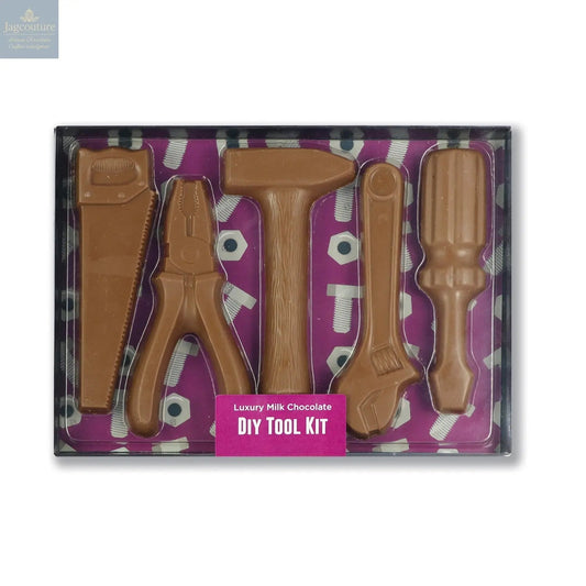 Milk chocolate DIY tool kit in black gift box with clear lid