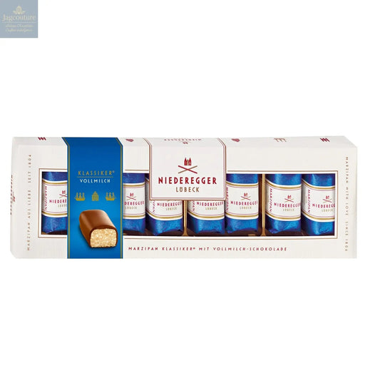 Milk chocolate covered mini marzipan loaves in gift box