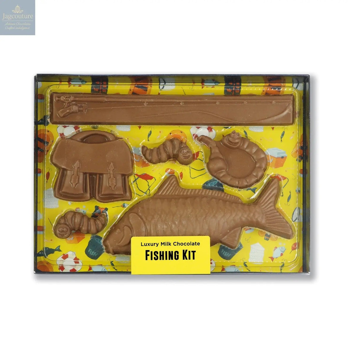 Milk chocolate fishing kit in black gift box with clear lid