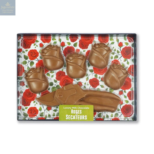 Milk chocolate roses & secateurs kit in black gift box with clear lid
