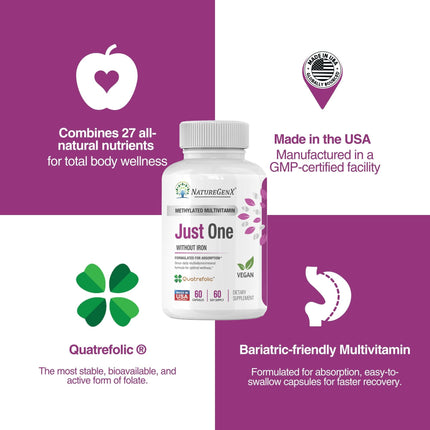NatureGenX Just One Daily Methylated Multivitamin – 60 Vegan Capsules, USA-Made, Iron-Free