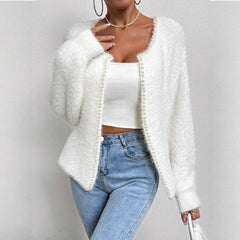 Women's Elegant Cardigan Sweater Solid Color And V-neck Fashion Bead Knitwear Coat