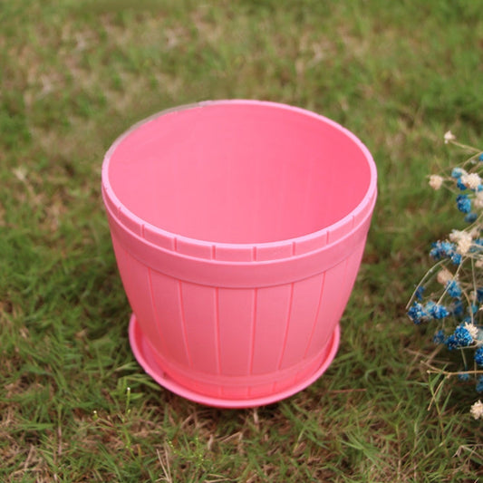 10 PCS Imitation Wooden Barrel Plastic Resin Flower Pot with Tray, Top Diameter: 19cm, Height: 16.5cm