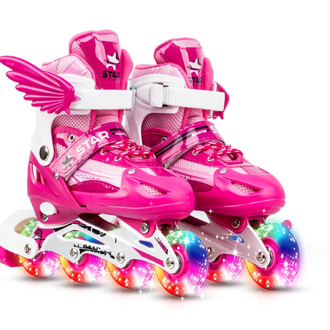 Adjustable Children Full Flash Single Four-wheel Roller Skates Skating Shoes Set, Size : S, Size : S (Pink), Size : S (Gold), Size : S (Blue), Size : S (Red)