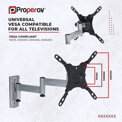 ProperAV TV Wall Bracket for Motorhome / RV / Caravan / Boat (13" – 43” / 15kg Capacity / VESA Max. 200x200) – Silver