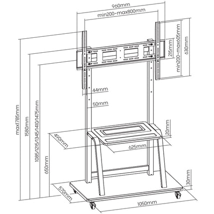 ProperAV Mobile TV Trolley Stand on Wheels for 37" - 100" Screens (150kg Capacity / VESA Max. 800x600)
