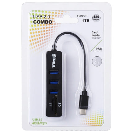 2 in 1 TF & SD Card Reader + 3 x USB Ports to USB-C / Type-C HUB Converter, Total Length: 24cm, Type-C (Black), Type-C (White)