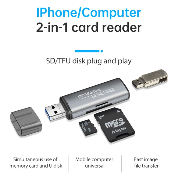 118 2 in 1 USB + 8 Pin Interfaces USB Flash Disk / Memory Card OTG Card Reader for IOS System Mobile Phone / Computer