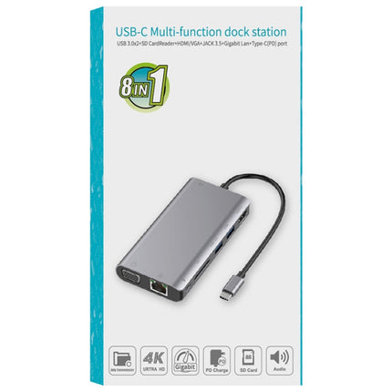 Onten 9591BD 8 in 1 USB-C / Type-C to PD USB-C / Type-C Charging + Gigabit Ethernet + Dual USB 3.0 + HDMI + VGA + SD Card Slot + 3.5mm AUX HUB, 9591BD Black, 9591BD Grey, 9591BD Silver