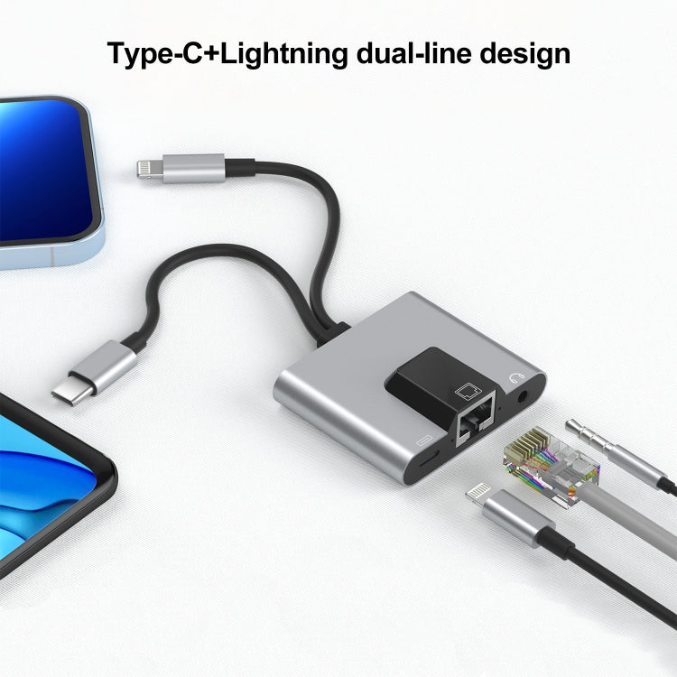 NK-1056Pro 3 in 1 8 Pin + USB-C / Type-C Male to 8 Pin Charging + Ethernet + 3.5mm Earphone Female Adapter, NK-1056Pro