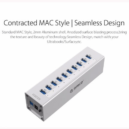 ORICO A3H10 Aluminum High Speed 10 Ports USB 3.0 HUB with Power Adapter for Laptops, 10 Ports (Black)
