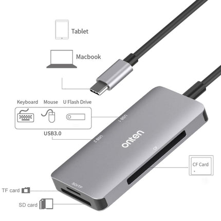 Onten 91882 5 In 1 USB3.0 x3 + SD + TF + CF Type-C / USB-C OTG Multi-function Card Reader