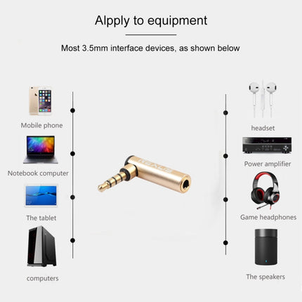REXLIS BK3567 3.5mm Male + 3.5mm Female L-shaped 90 Degree Elbow Gold-plated Plug Gold Audio Interface Extension Adapter for 3.5mm Interface Devices, Support Earphones with Microphone, Gold