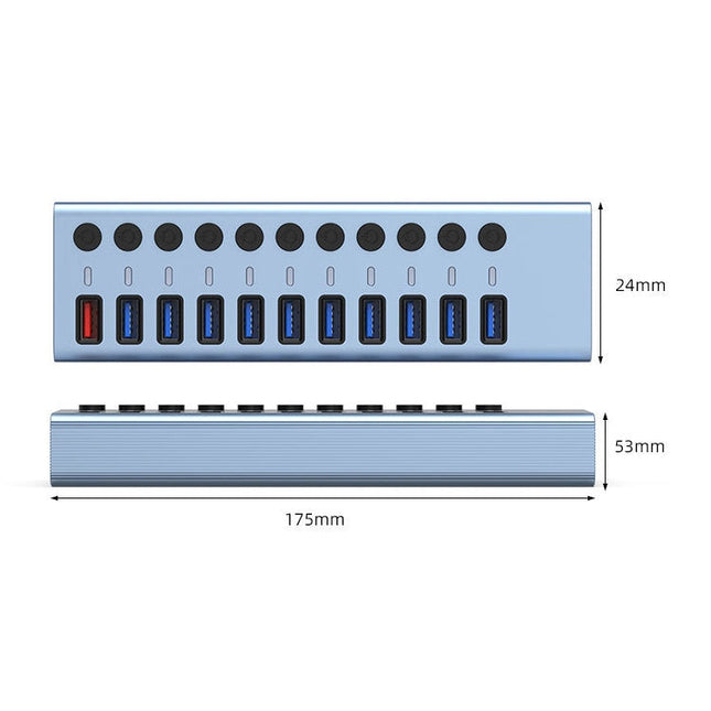 11 in 1 USB 3.0 HUB Splitter with Independent Switch & 12V 4A Power Supply, 11 USB 3.0