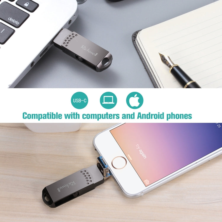 Richwell 16G Type-C + 8 Pin + USB 3.0 Metal Push-pull Flash Disk with OTG Function