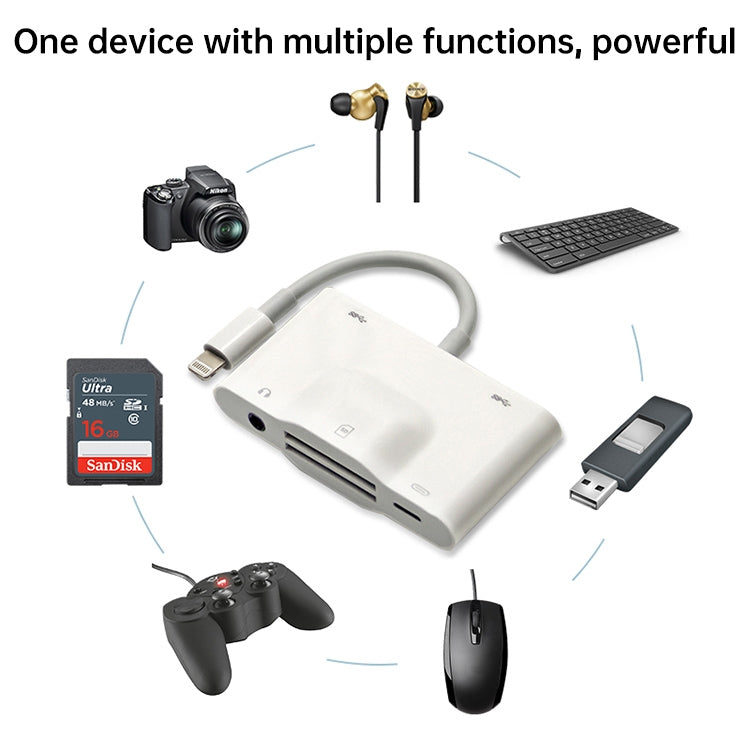 NK-1042 6 in 1 8 Pin Male to Dual USB + Dual SD Card + 3.5mm Audio Interface + 8 Pin Charging Interface Female Port Camera Adapter